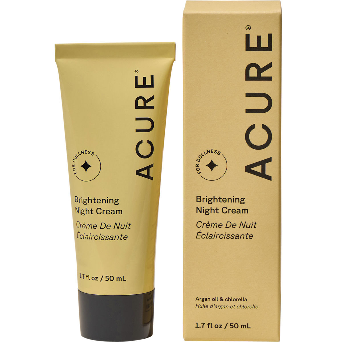 50ml tube and box of ACURE Brightening Night Cream with yellow and white branding on a white background.