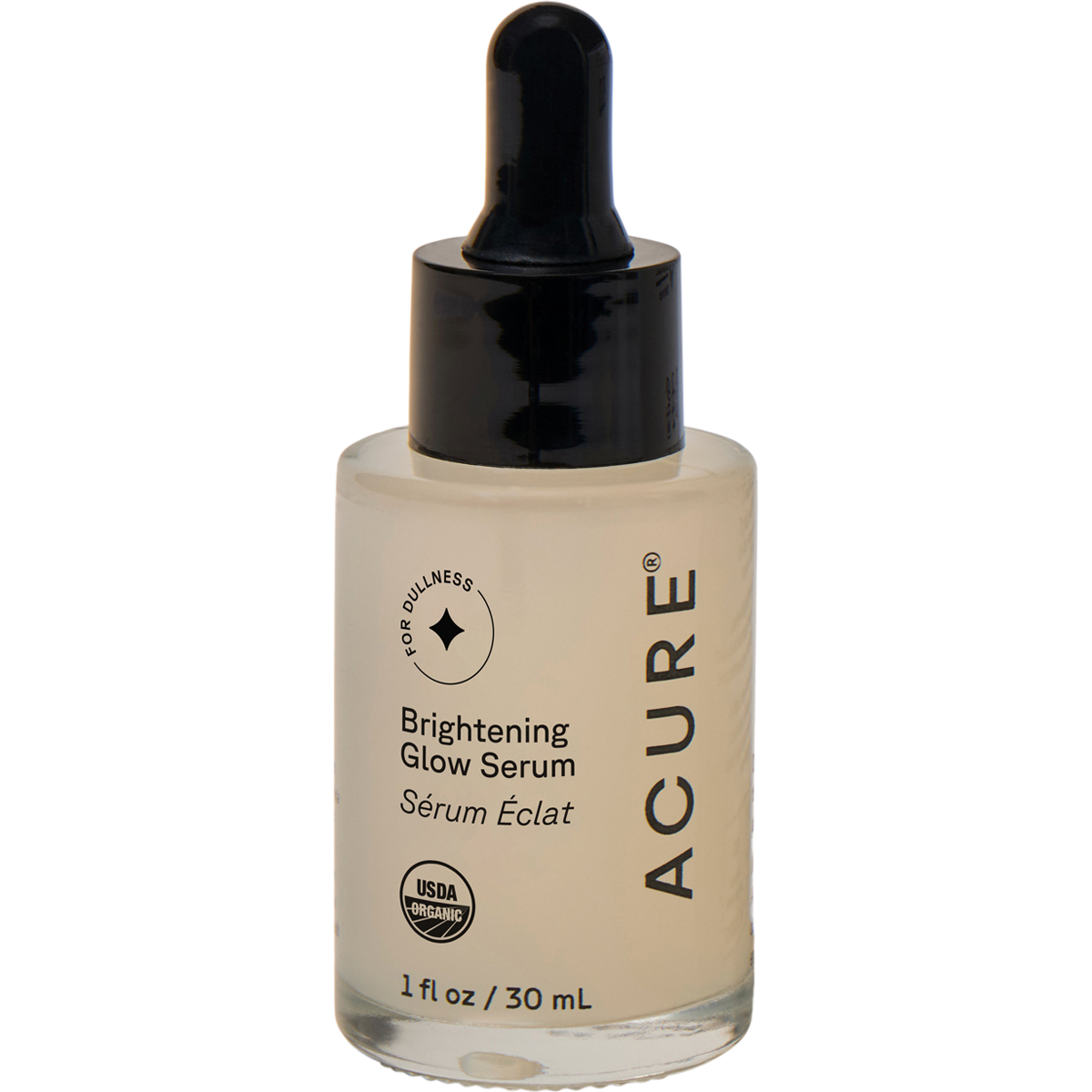 30ml bottle of ACURE Brightening Glowing Serum with argan, pumpkin, and cranberry oils for dull skin.