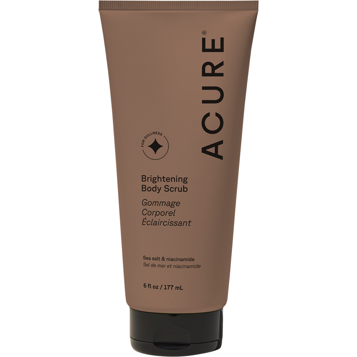 177ml tube of ACURE Brightening Body Scrub with niacinamide and sea salt on a white background.