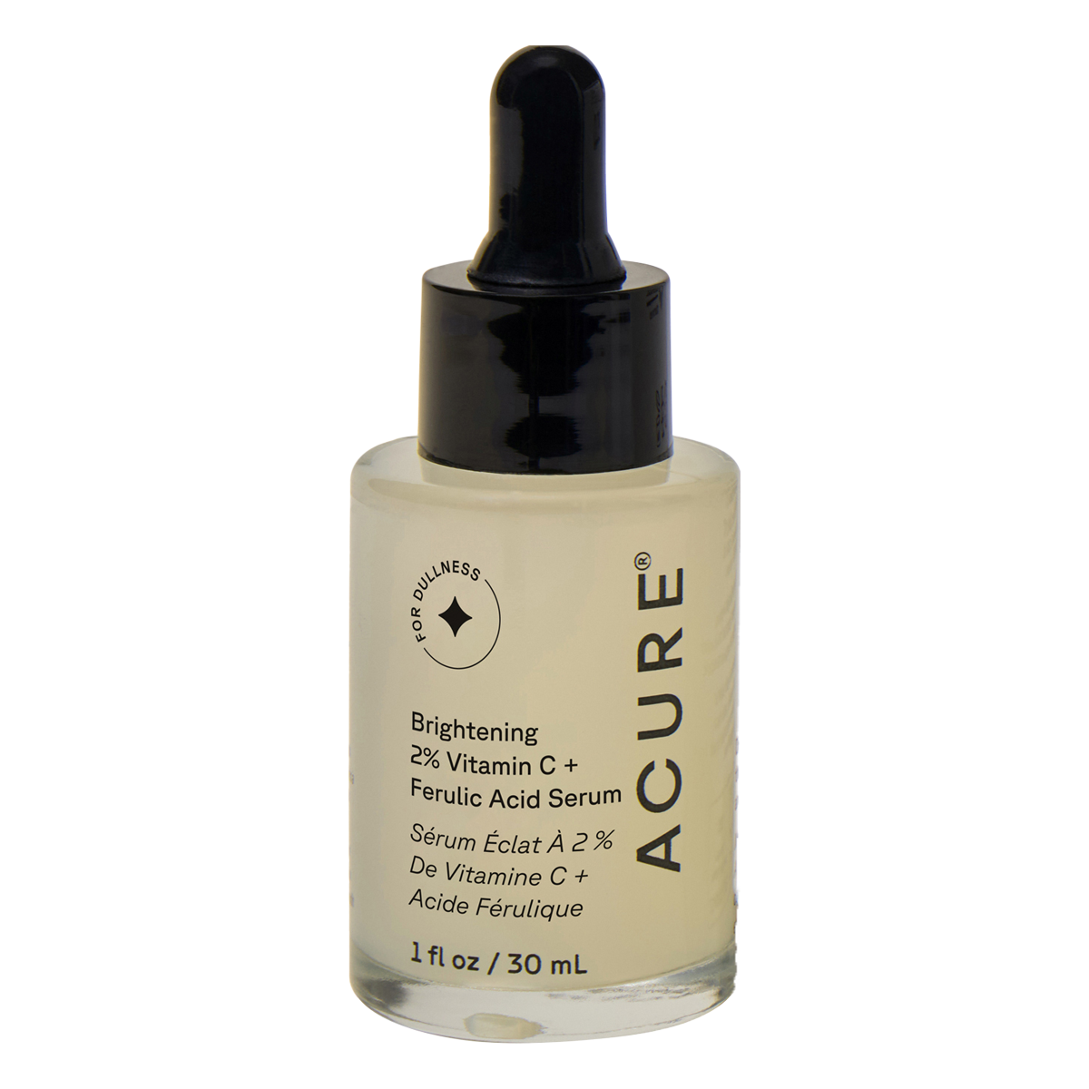 White 30ml bottle of Acure Brightening Vitamin C and Ferulic Acid oil-free serum with a yellow label and pump.