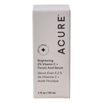 Acure Brightening Vitamin C and Ferulic Acid serum box in yellow and white with pineapple and papaya illustrations.