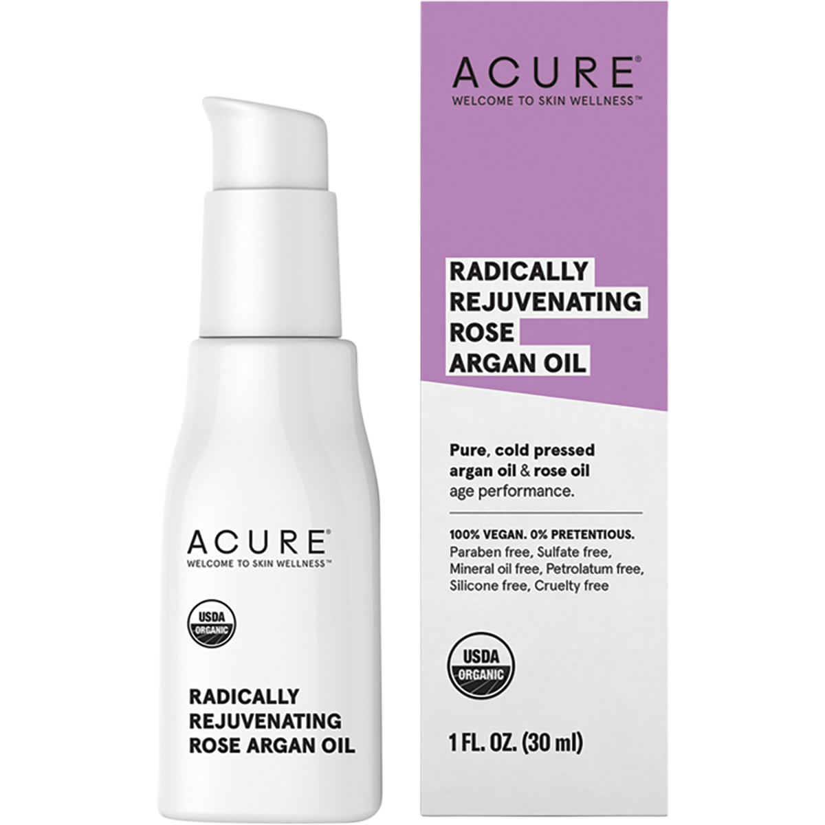 Acure Radically Rejuvenating Rose Argan Oil 30ml glass bottle with pump and FSC paper box on white background.