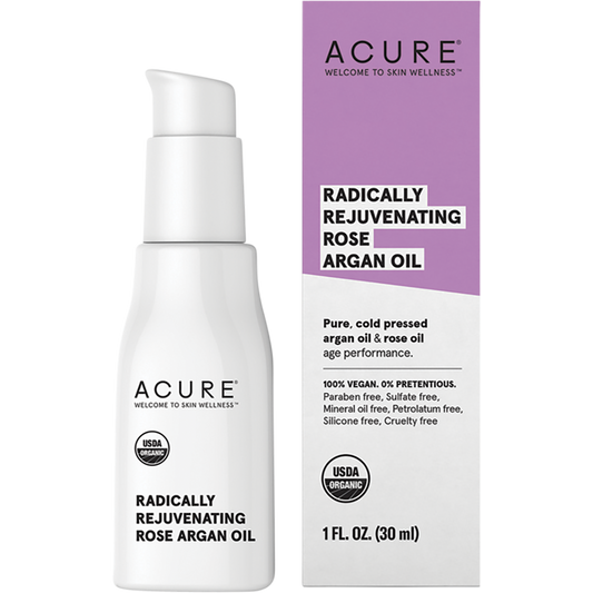 Acure Radically Rejuvenating Rose Argan Oil 30ml glass bottle with pump and FSC paper box on white background.