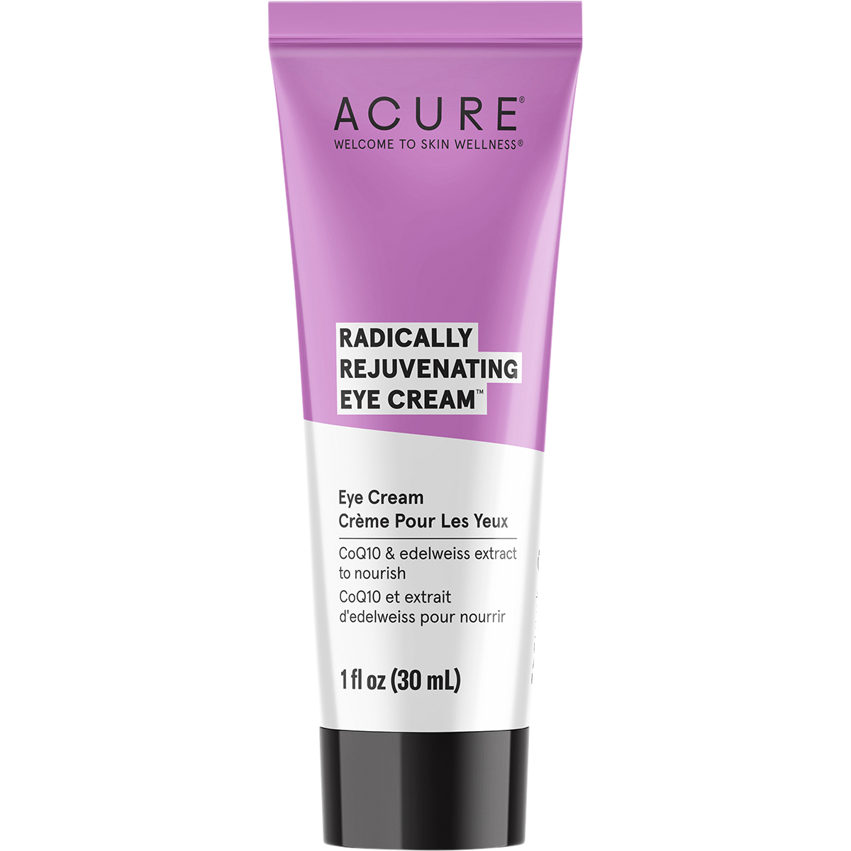 30ml tube of ACURE Radically Rejuvenating Eye Cream for age performance with CoQ10 and edelweiss extract.