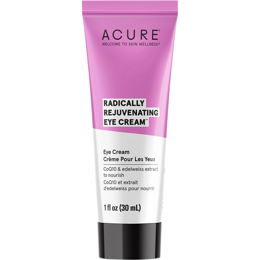 30ml tube of ACURE Radically Rejuvenating Eye Cream for age performance with CoQ10 and edelweiss extract.