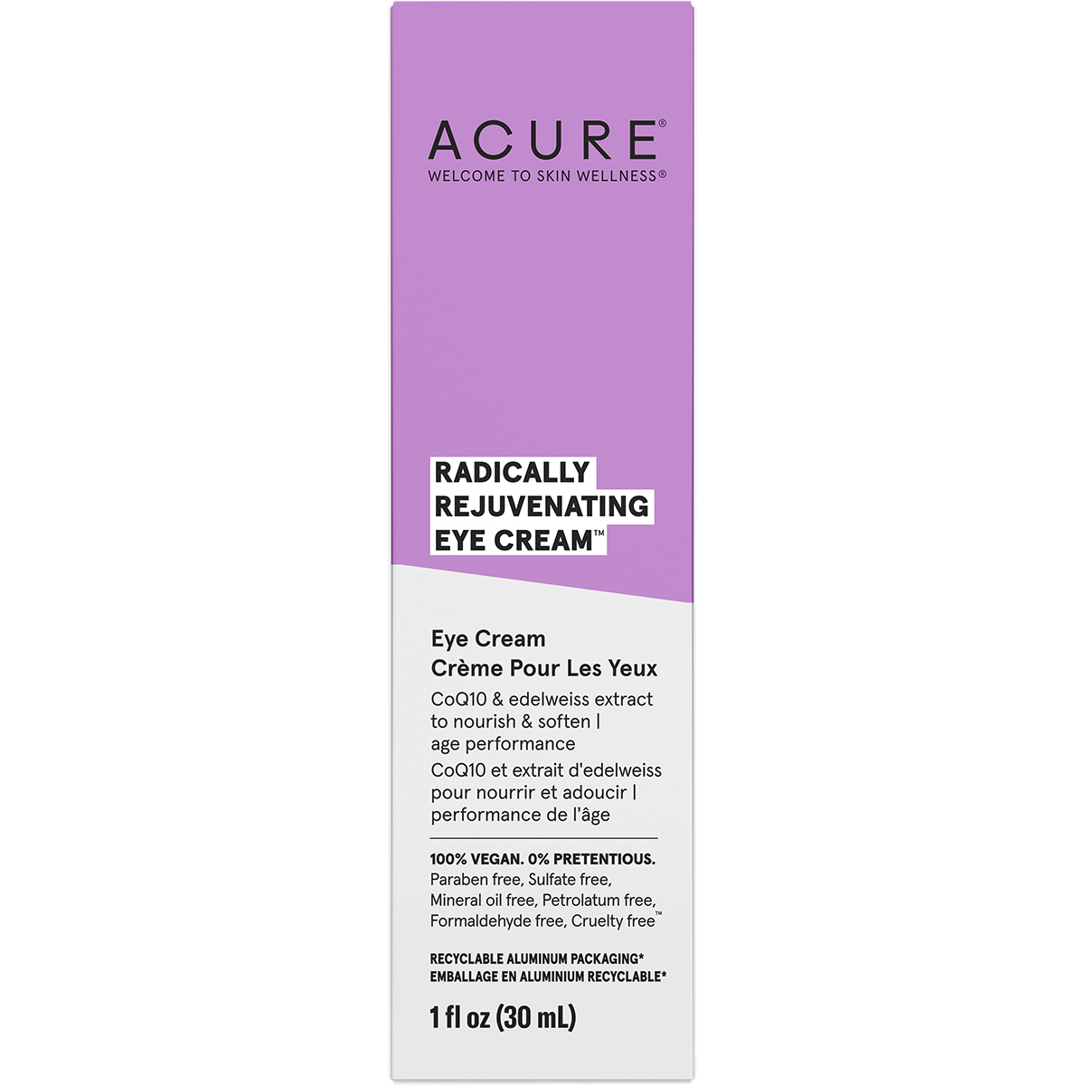 ACURE Radically Rejuvenating Eye Cream 30ml product box with CoQ10 and edelweiss extract on a white background.