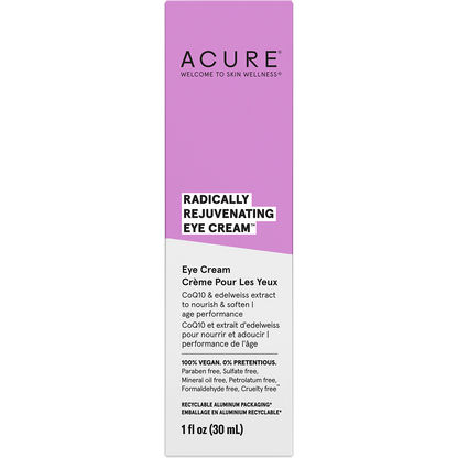 ACURE Radically Rejuvenating Eye Cream 30ml product box with CoQ10 and edelweiss extract on a white background.