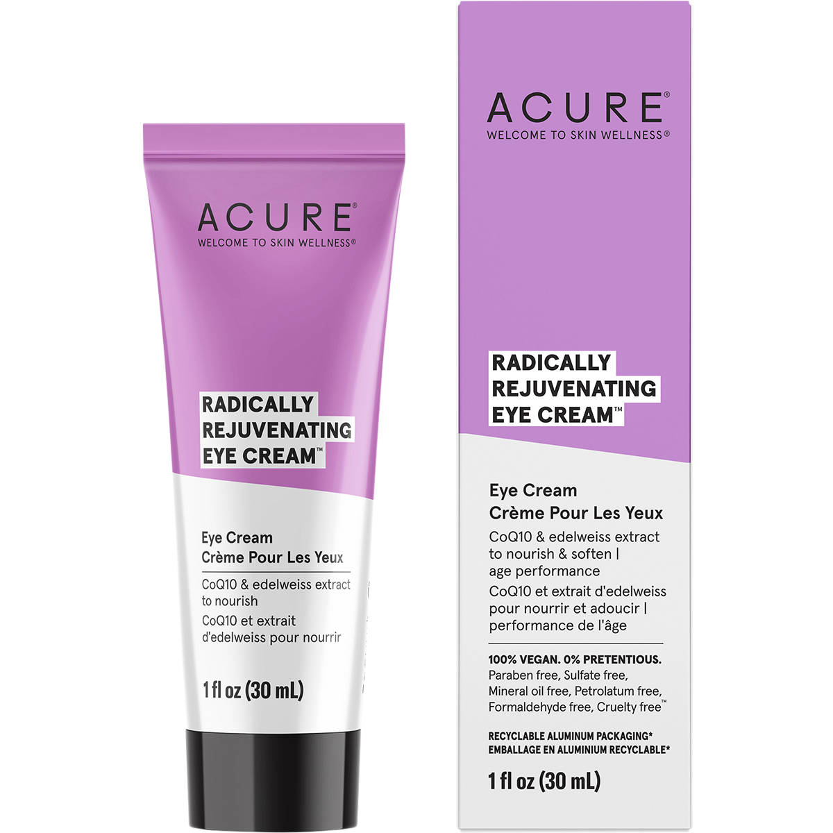 30ml tube and box of ACURE Radically Rejuvenating Eye Cream with CoQ10 and edelweiss on a white background.