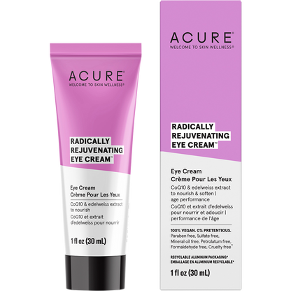 30ml tube and box of ACURE Radically Rejuvenating Eye Cream with CoQ10 and edelweiss on a white background.
