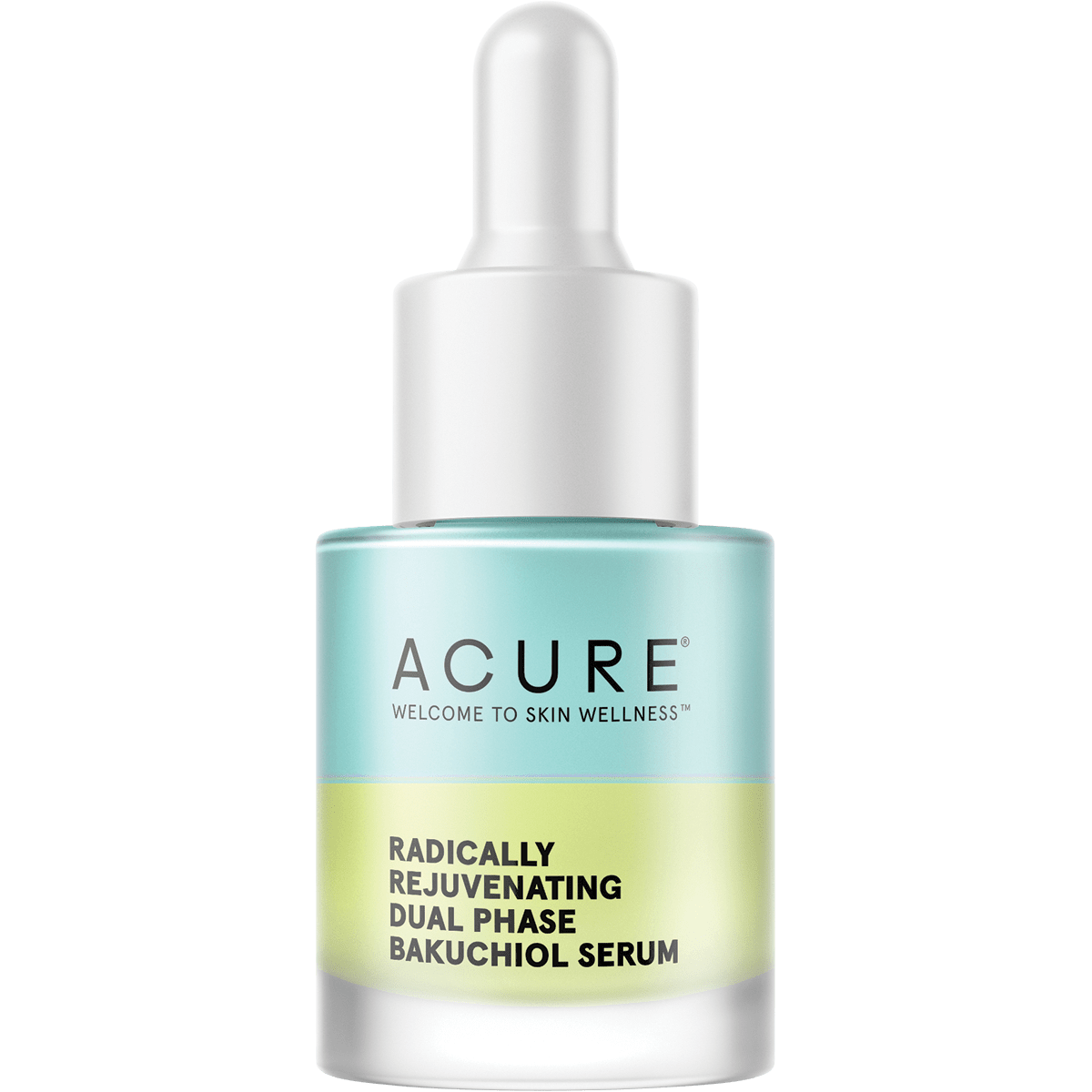 20ml bottle of ACURE Radically Rejuvenating Dual Phase Bakuchiol Serum featuring a yellow and blue dual-phase liquid.