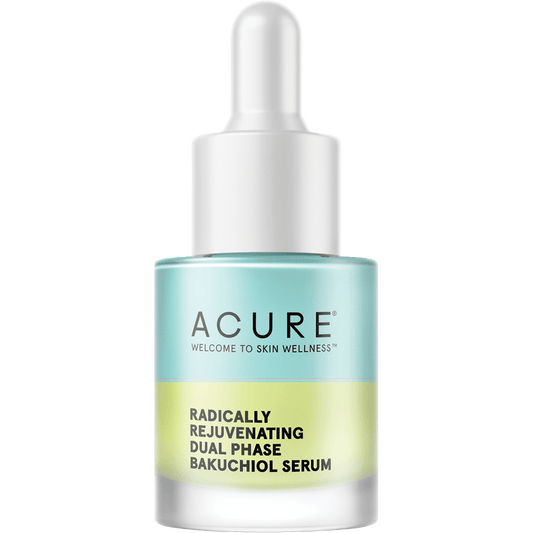 20ml bottle of ACURE Radically Rejuvenating Dual Phase Bakuchiol Serum featuring a yellow and blue dual-phase liquid.