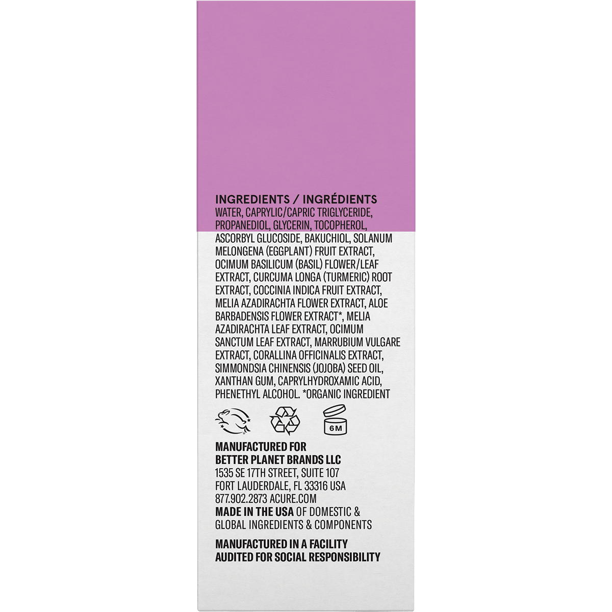Back of ACURE Bakuchiol Serum box showing ingredients, directions, and product details on a blue and yellow background.
