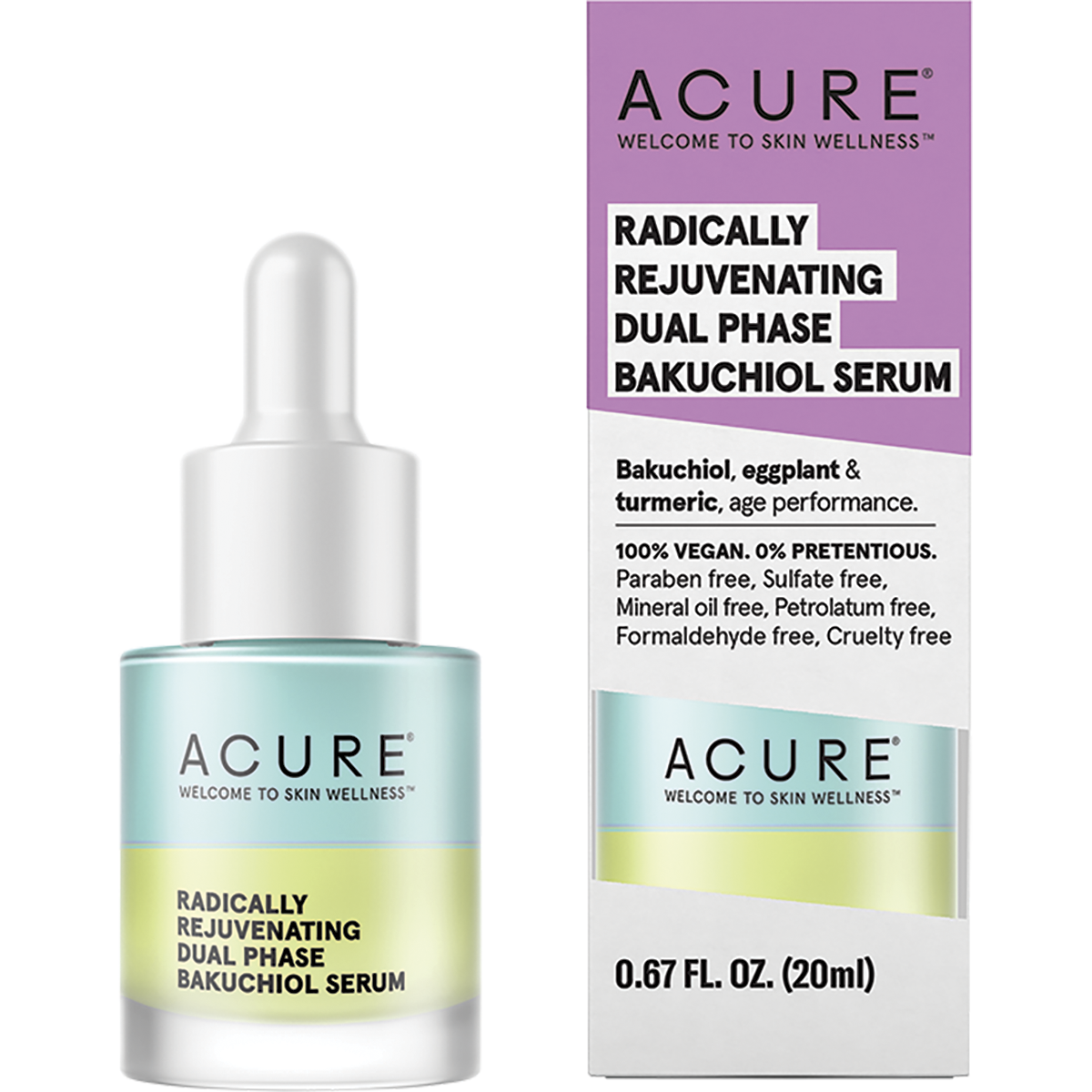 ACURE Radically Rejuvenating Bakuchiol Serum 20ml bottle and box with blue and yellow dual-phase liquid.