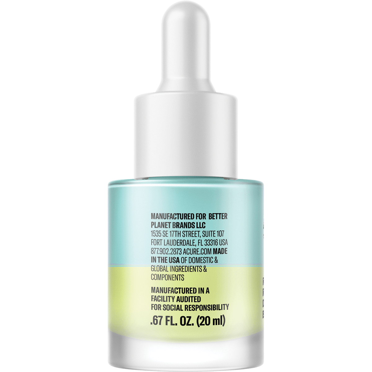 Side view of a 20ml bottle of ACURE Bakuchiol Serum with a white dropper and blue and yellow dual-phase liquid.