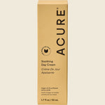 Acure Seriously Soothing Day Cream 50ml box with blue tansy and chamomile illustrations on a white background.