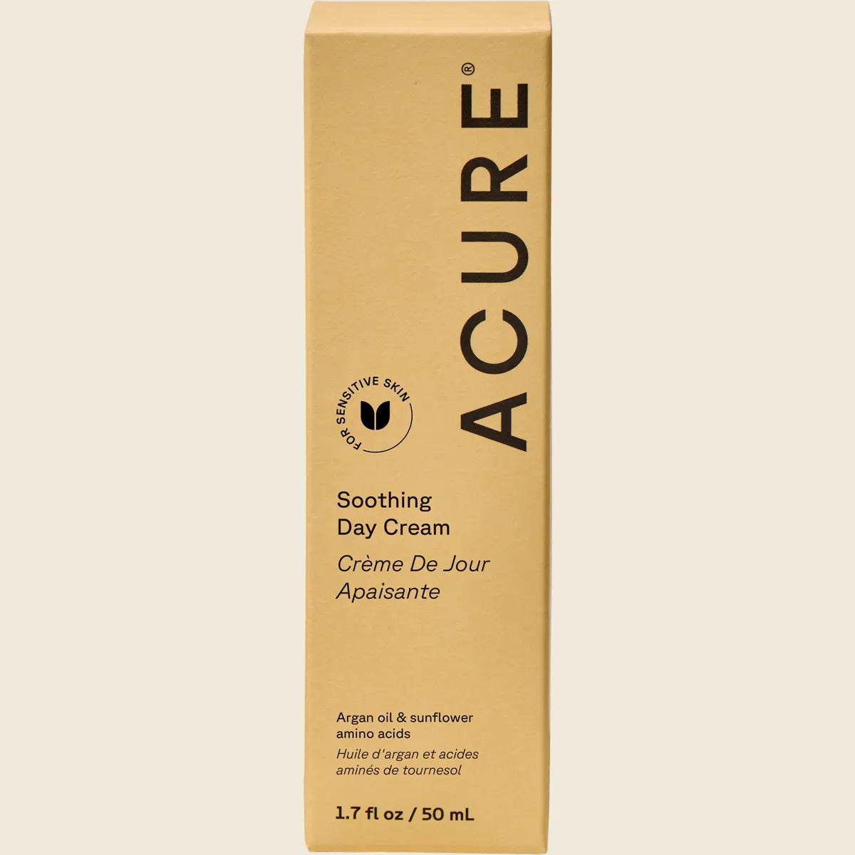 Acure Seriously Soothing Day Cream 50ml box with blue tansy and chamomile illustrations on a white background.