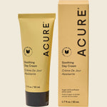 Acure Seriously Soothing Day Cream 50ml tube and box featuring blue tansy and chamomile illustrations.