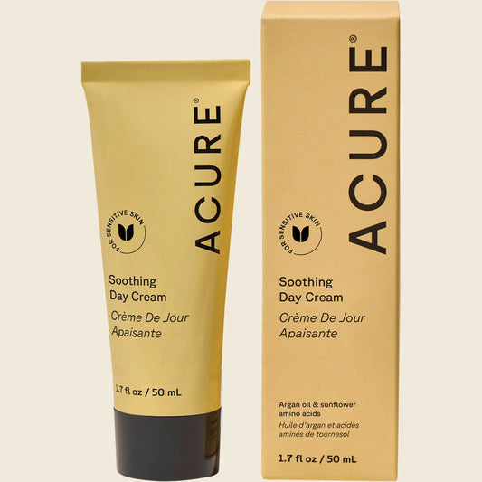 Acure Seriously Soothing Day Cream 50ml tube and box featuring blue tansy and chamomile illustrations.