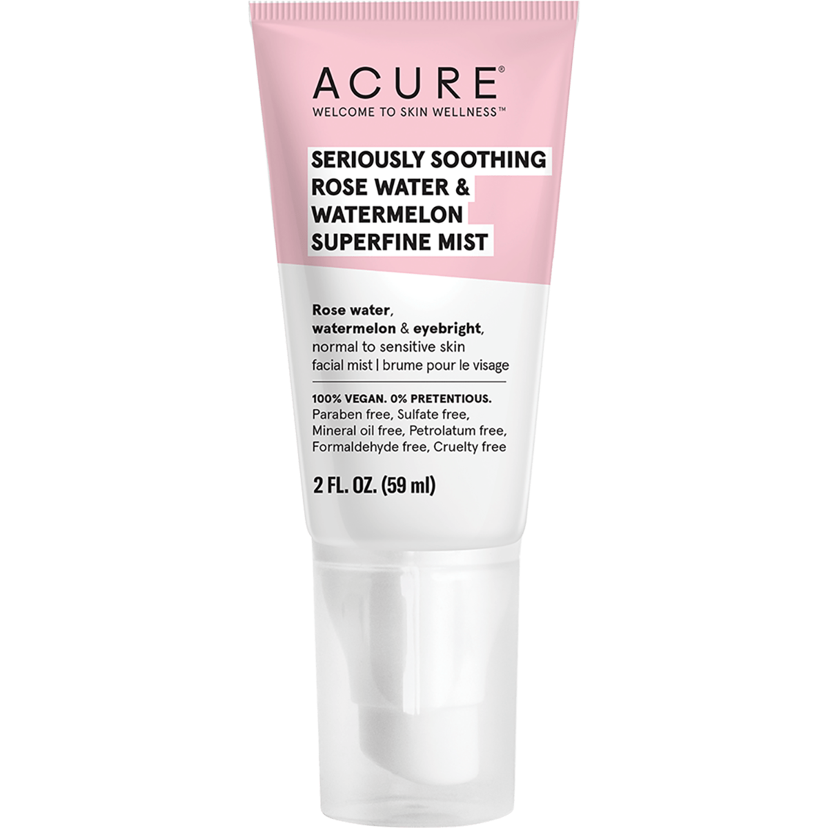 Acure Seriously Soothing Rose and Watermelon superfine mist in a pink 59ml spray bottle.