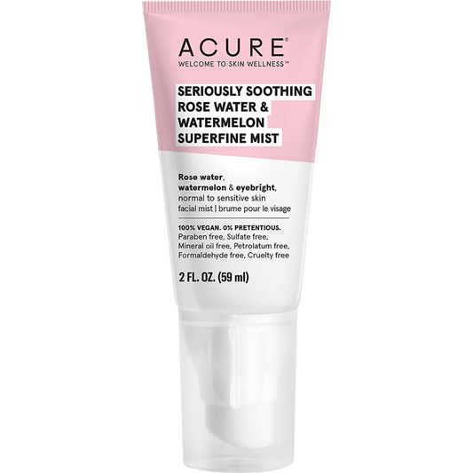 Acure Seriously Soothing Rose and Watermelon superfine mist in a pink 59ml spray bottle.