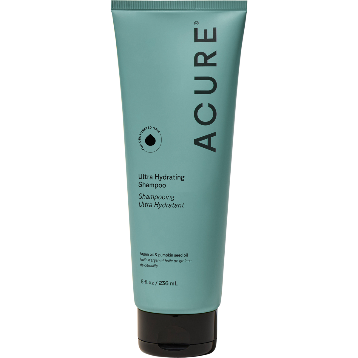 236.5ml tube of Acure Ultra Hydrating Shampoo with argan and pumpkin seed oil for dry, damaged, or curly hair.