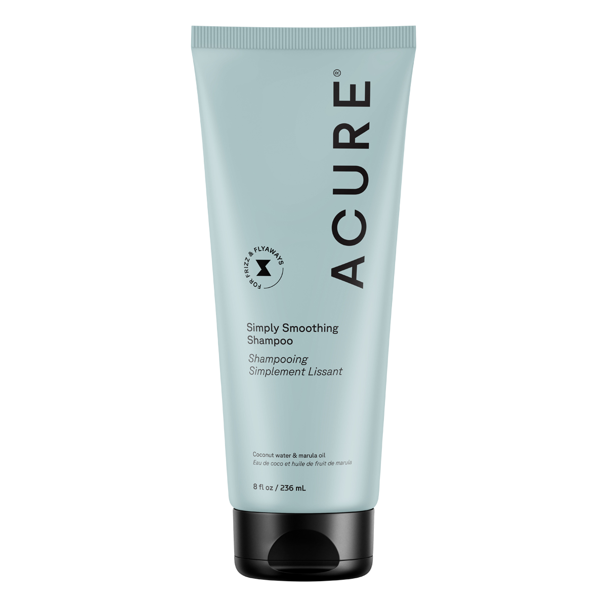 236.5ml bottle of ACURE Simply Smoothing Shampoo with coconut and marula oil for frizz-prone hair.