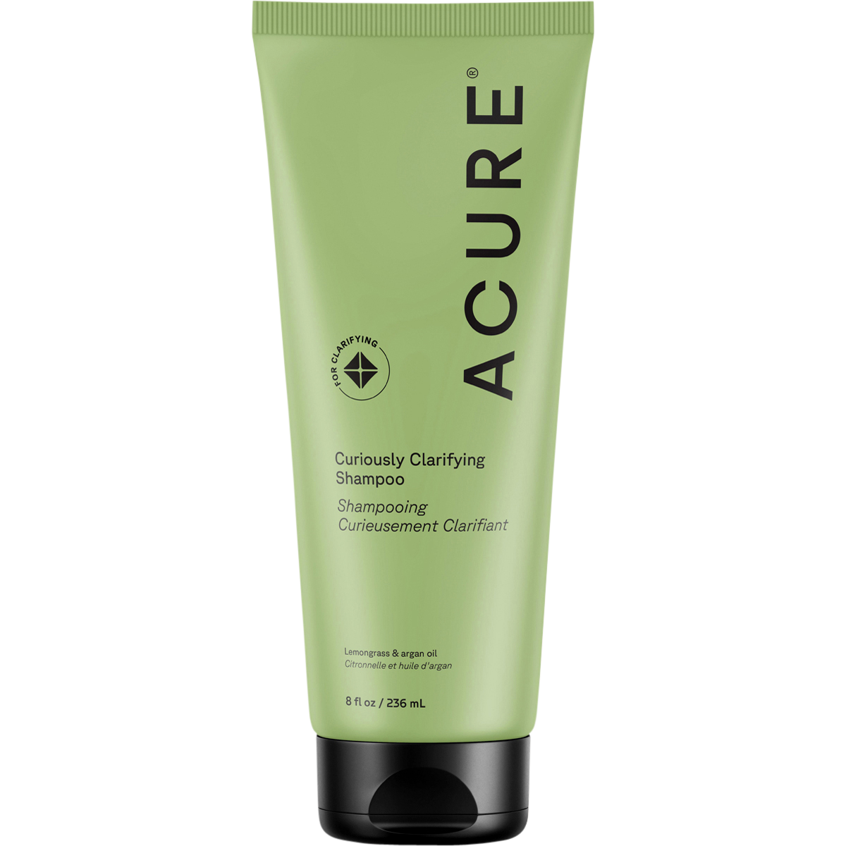 ACURE Curiously Clarifying Shampoo 236.5ml green tube with lemongrass and argan oil on a white background.