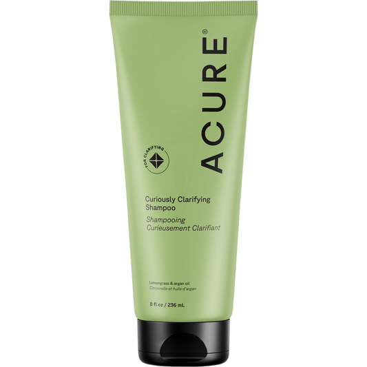 ACURE Curiously Clarifying Shampoo 236.5ml green tube with lemongrass and argan oil on a white background.