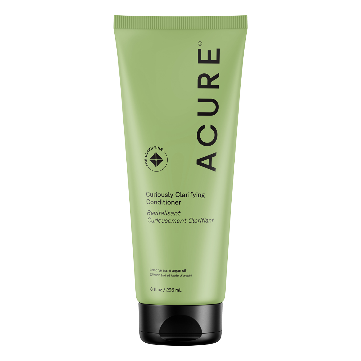 Acure Curiously Clarifying Conditioner in a 236.5ml white and yellow squeeze tube with lemongrass and argan oil.