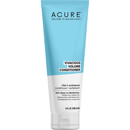 Acure Vivacious Volume Conditioner 236.5ml bottle with mint and echinacea on a white background.
