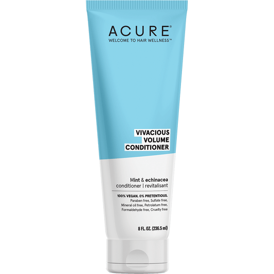 Acure Vivacious Volume Conditioner 236.5ml bottle with mint and echinacea on a white background.
