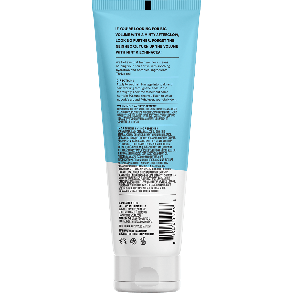 Back of Acure Vivacious Volume Conditioner 236.5ml bottle with ingredients and usage instructions.