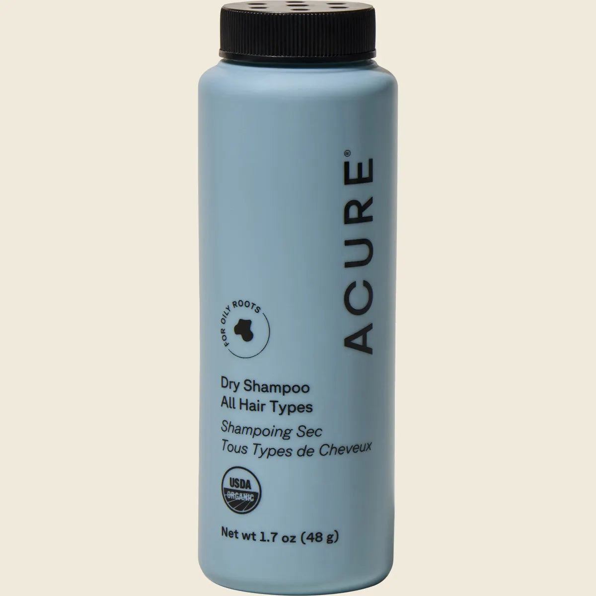 48g bottle of ACURE All Hair Types Dry Shampoo with rosemary and peppermint on a white background.