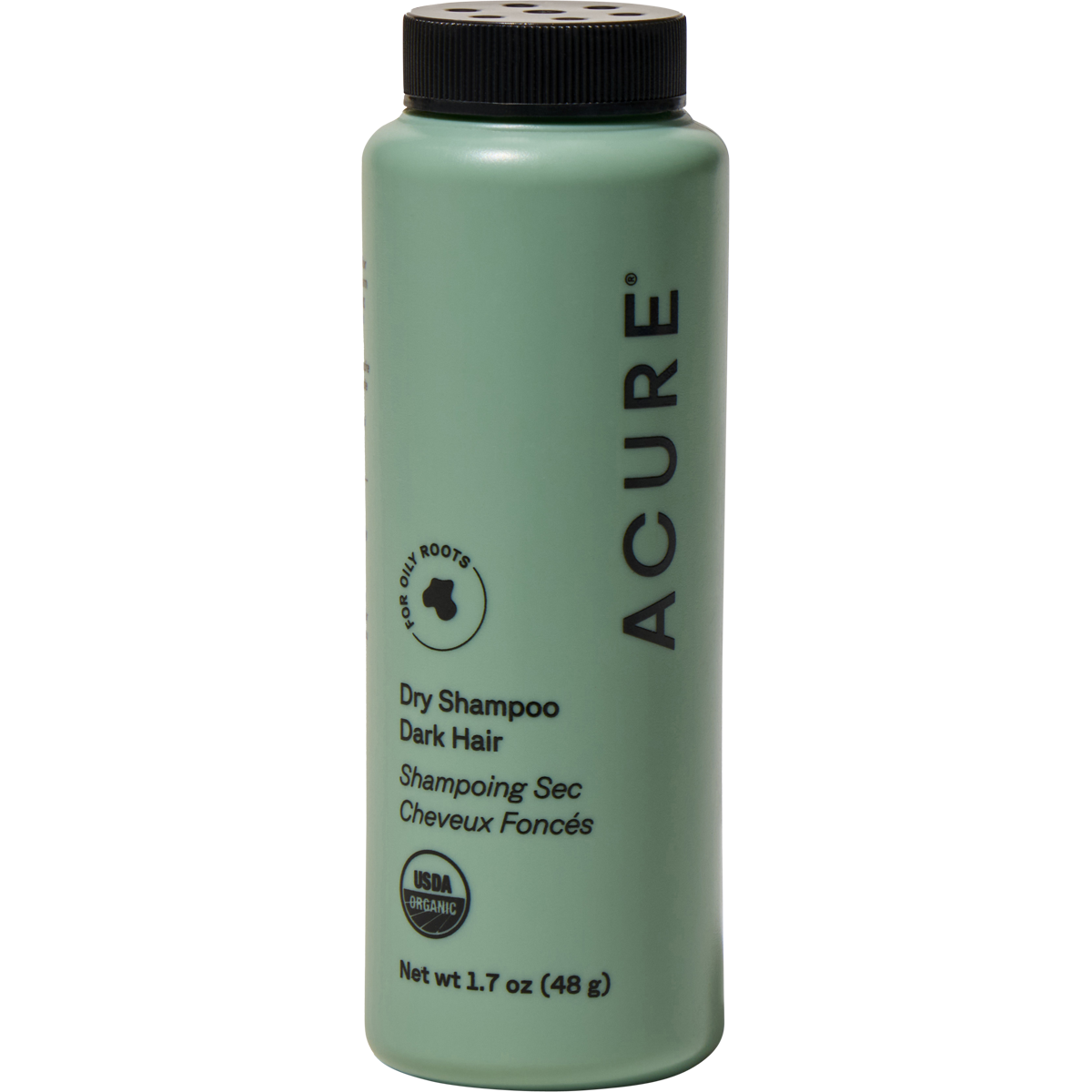 48g squeeze bottle of ACURE dry shampoo for brunette to dark hair with cocoa and rosemary on a white background.