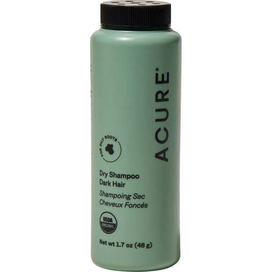 48g squeeze bottle of ACURE dry shampoo for brunette to dark hair with cocoa and rosemary on a white background.