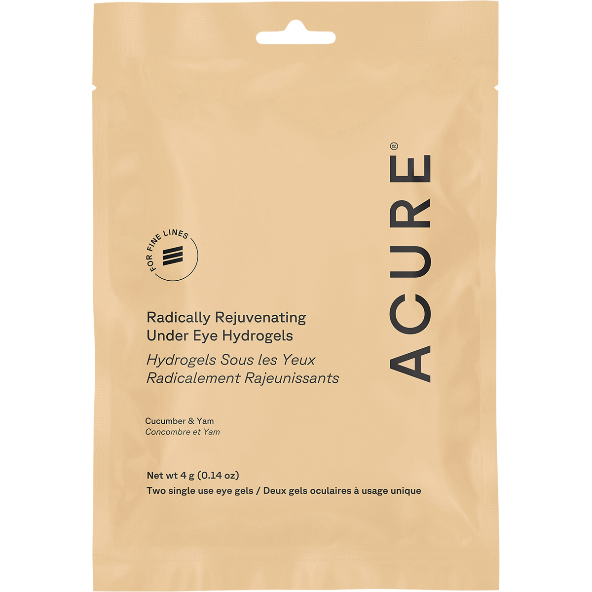 Purple ACURE Radically Rejuvenating Under Eye Hydrogels packaging featuring cucumber and botanical illustrations.