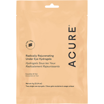 Purple ACURE Radically Rejuvenating Under Eye Hydrogels packaging featuring cucumber and botanical illustrations.