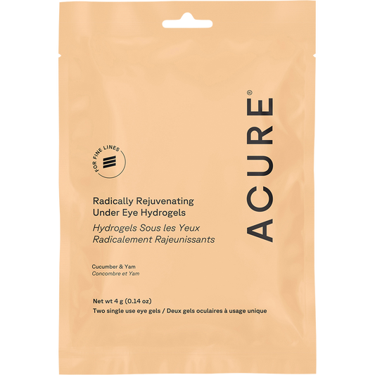 Purple ACURE Radically Rejuvenating Under Eye Hydrogels packaging featuring cucumber and botanical illustrations.