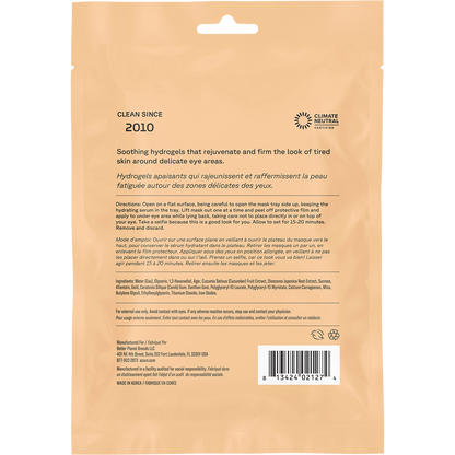 Back of ACURE Under Eye Hydrogels pack with ingredients, directions, and product benefits on a purple background.