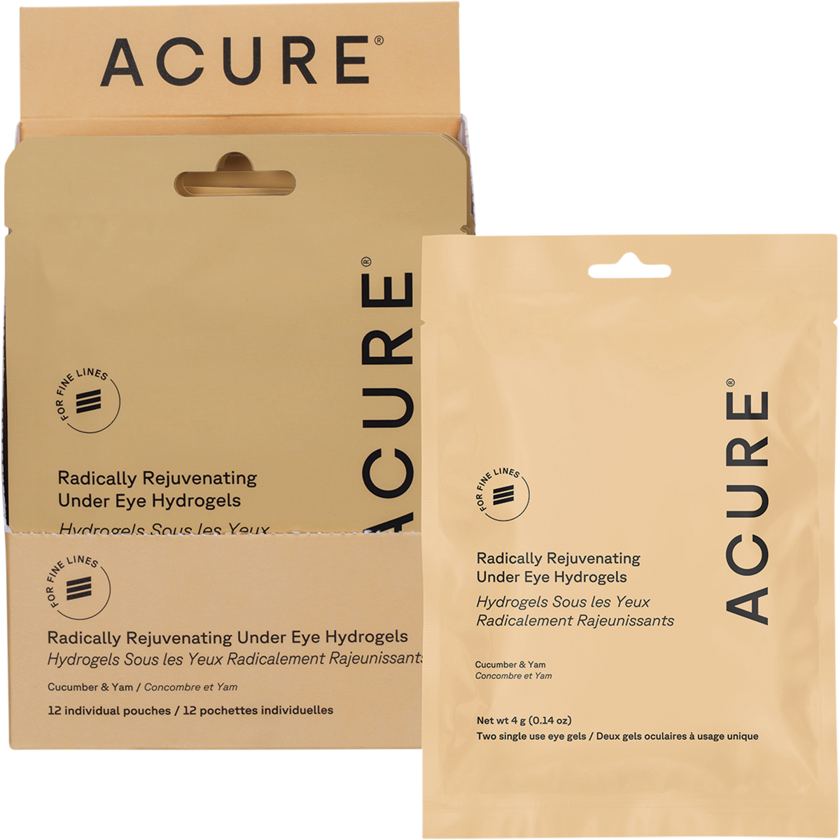 ACURE Radically Rejuvenating Under Eye Hydrogels packaging and individual gel packet with cucumber illustrations.