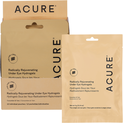 ACURE Radically Rejuvenating Under Eye Hydrogels packaging and individual gel packet with cucumber illustrations.
