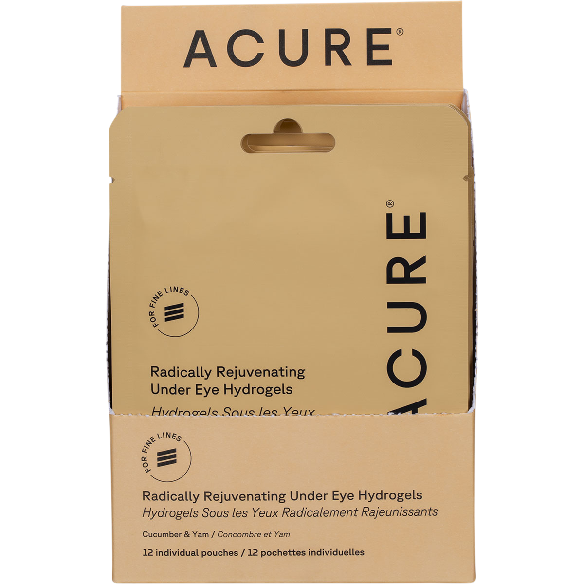 Purple display box of ACURE Radically Rejuvenating Under Eye Hydrogels featuring cucumber and botanical designs.