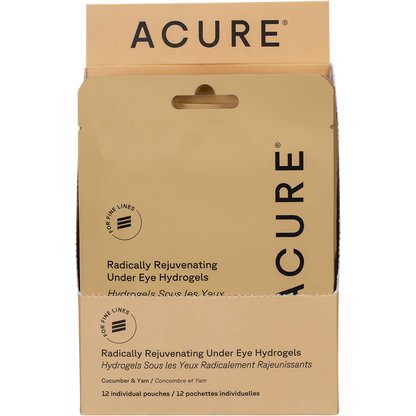 Purple display box of ACURE Radically Rejuvenating Under Eye Hydrogels featuring cucumber and botanical designs.
