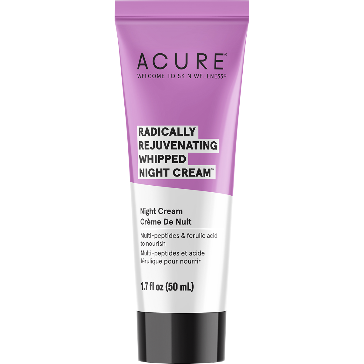 Acure Radically Rejuvenating Whipped Night Cream 50ml purple tube with white and gold text on a white background.
