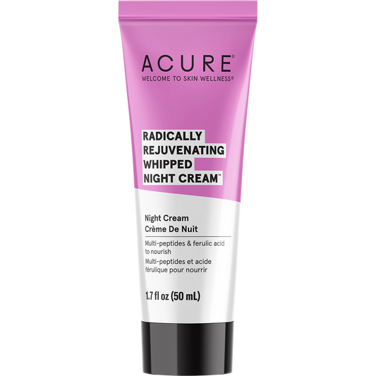 Acure Radically Rejuvenating Whipped Night Cream 50ml purple tube with white and gold text on a white background.