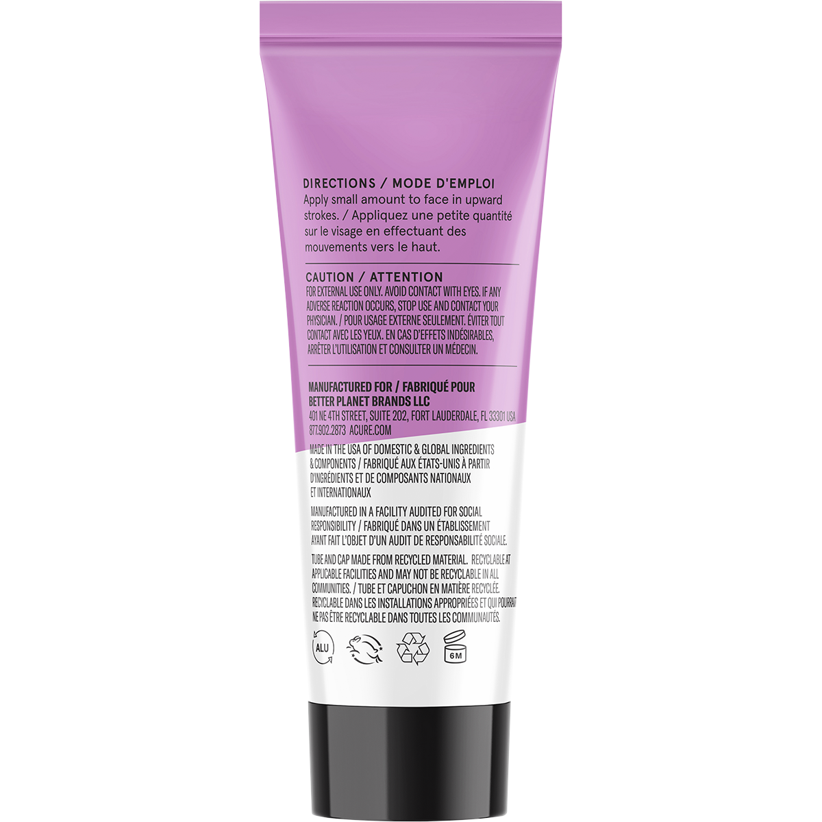 Back of Acure Radically Rejuvenating Night Cream purple tube showing instructions and ingredients on a white background.