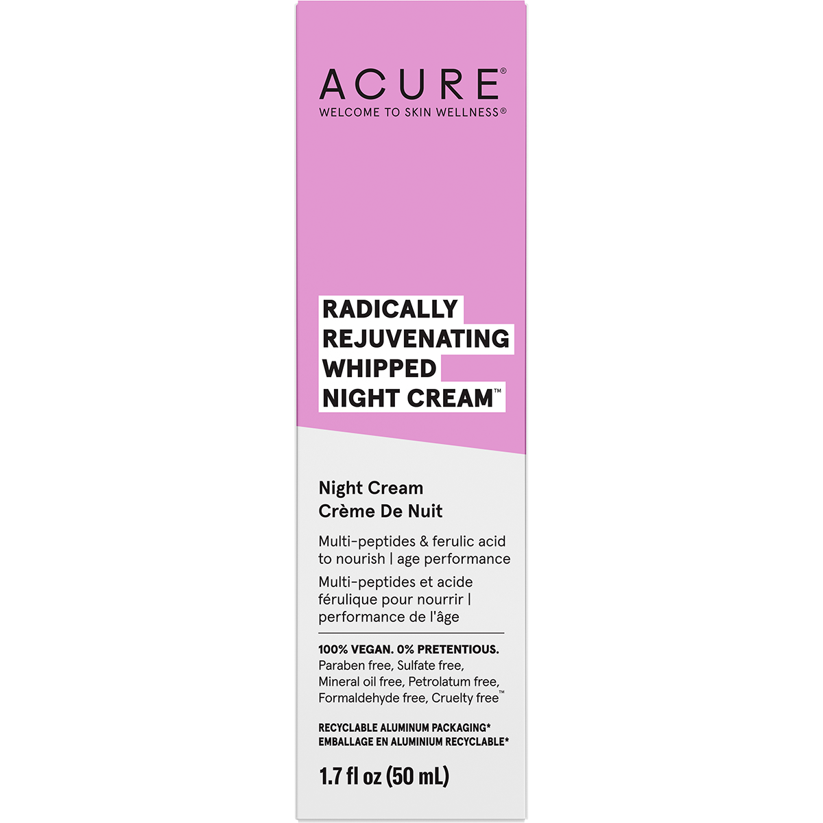Purple box for Acure Radically Rejuvenating Whipped Night Cream 50ml featuring gold and white text on a white background.