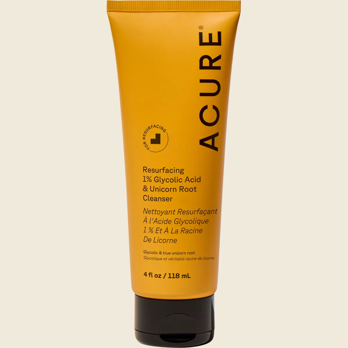 ACURE Resurfacing Glycolic and Unicorn Root Cleanser in a 118ml holographic squeeze tube on a white background.
