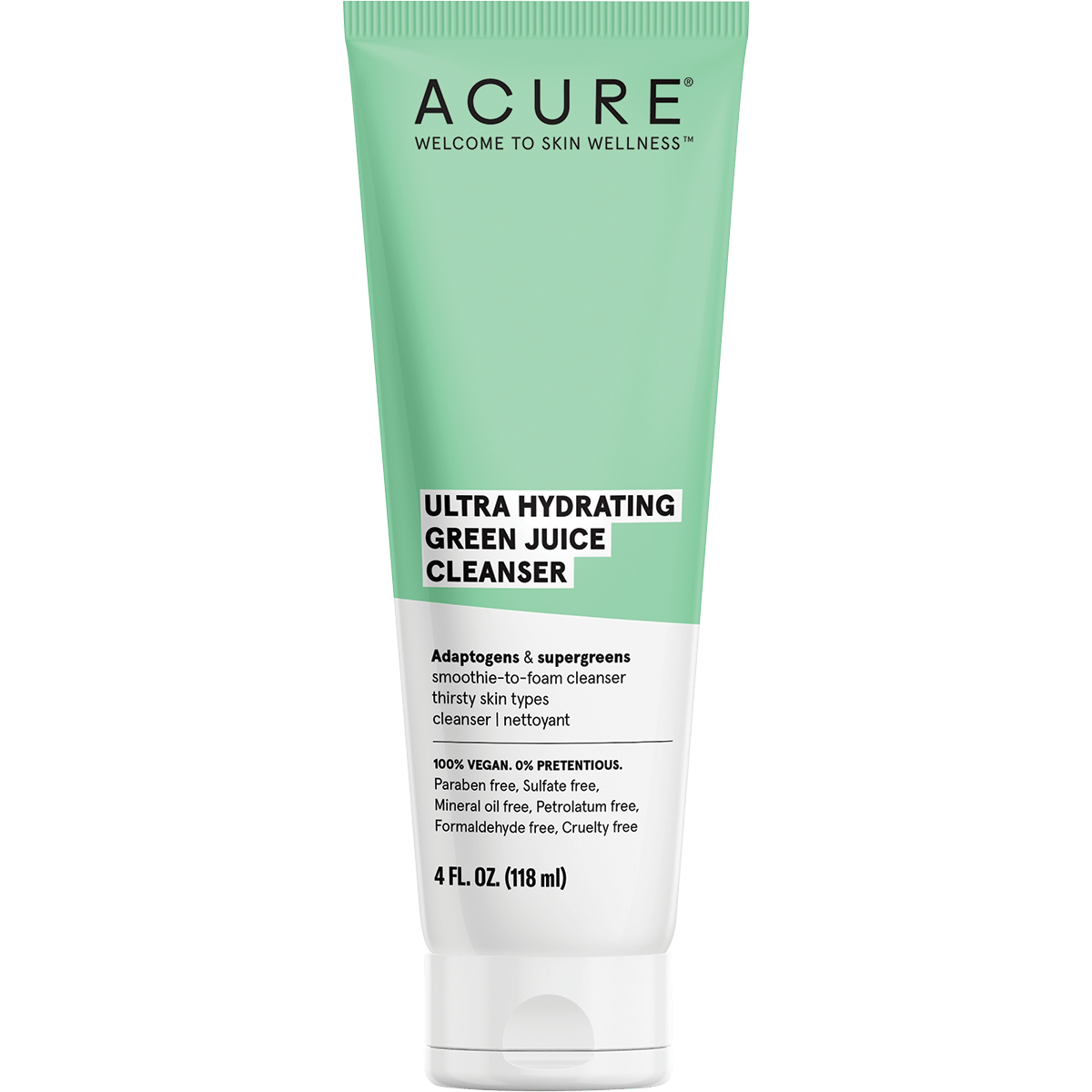 118ml tube of ACURE Ultra Hydrating Green Juice Cleanser, a creamy smoothie-to-foam face wash for dry skin.