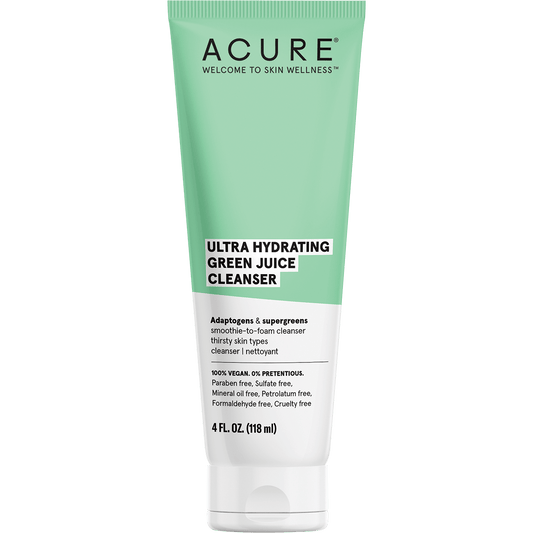 118ml tube of ACURE Ultra Hydrating Green Juice Cleanser, a creamy smoothie-to-foam face wash for dry skin.